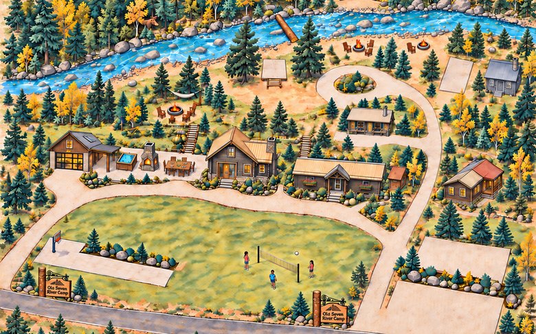 Illustrated overhead map of the whole camp, four cabins on the St. Vrain